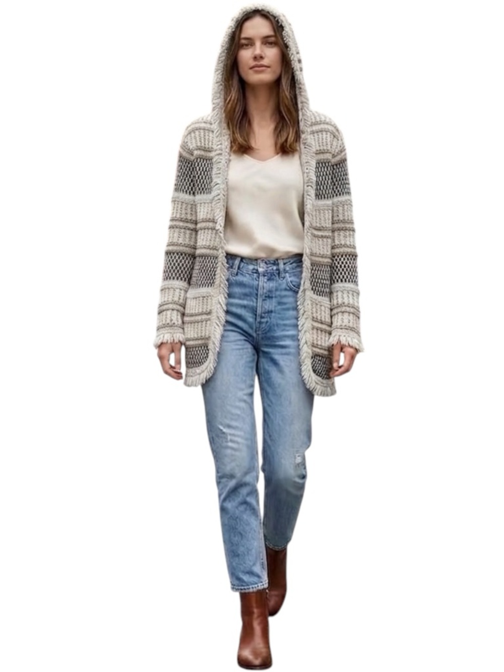 Dex Vintage Fitted Chunky Knit Hooded Cardigan Fringe Neutral Tones